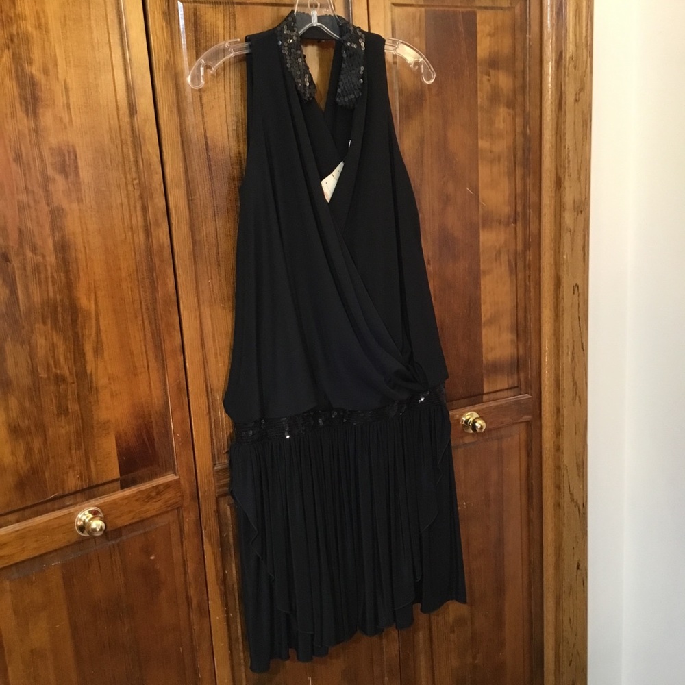St Martin peplum evening dress, NWT, sequined neck and leg bands, crossover fron
